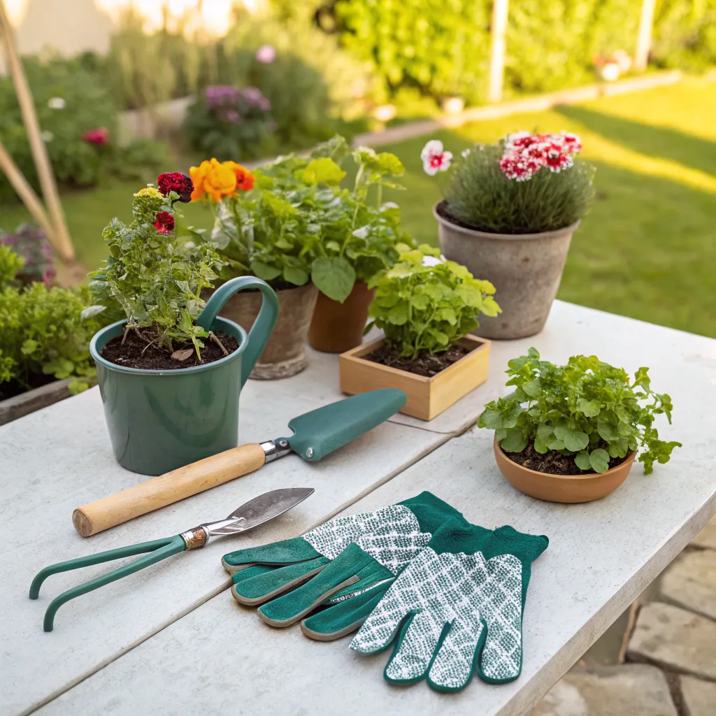 Gardening tools and plants